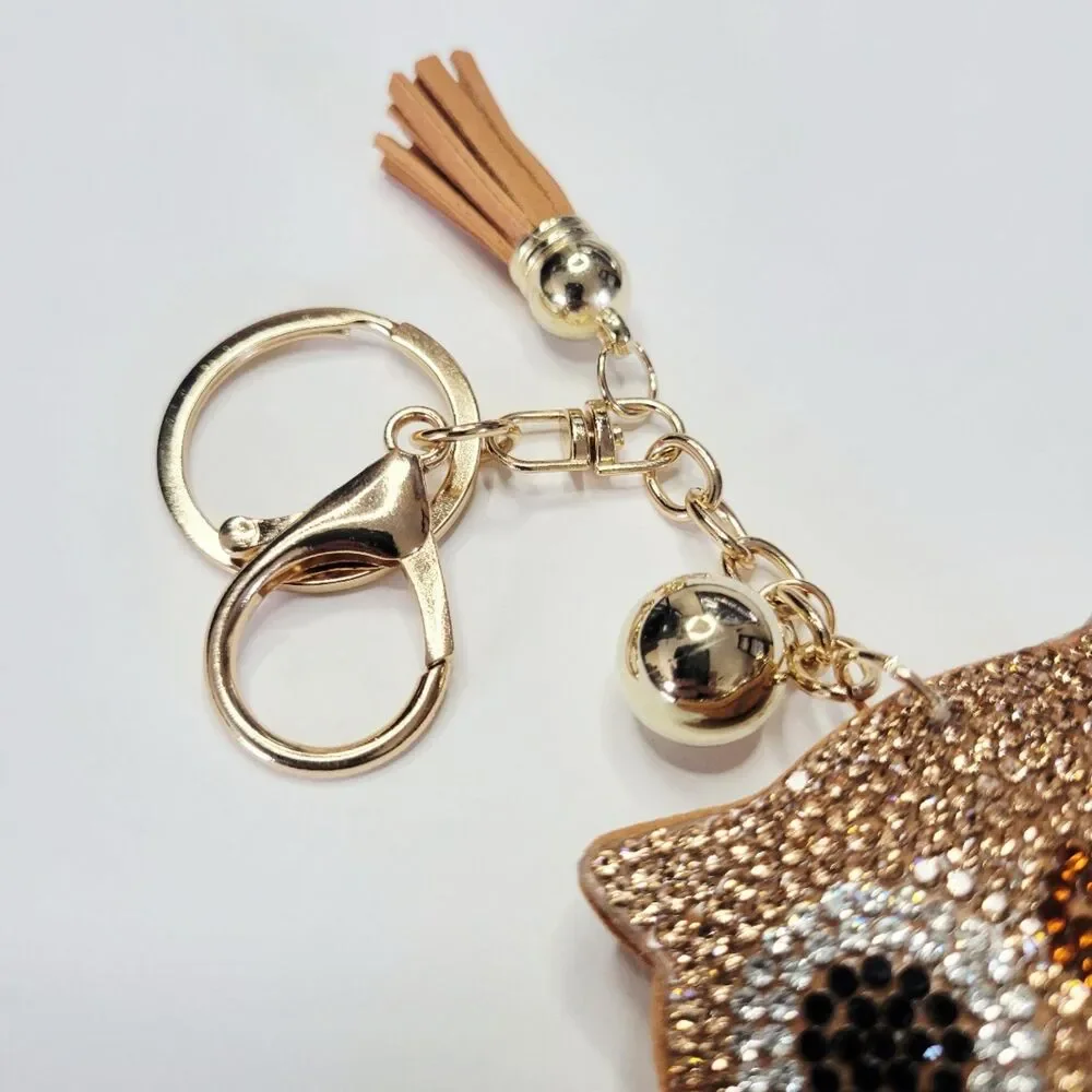 NWT Large Bling Owl Keychain Bag Charm With Tassel Brown And Gold Purse Charm